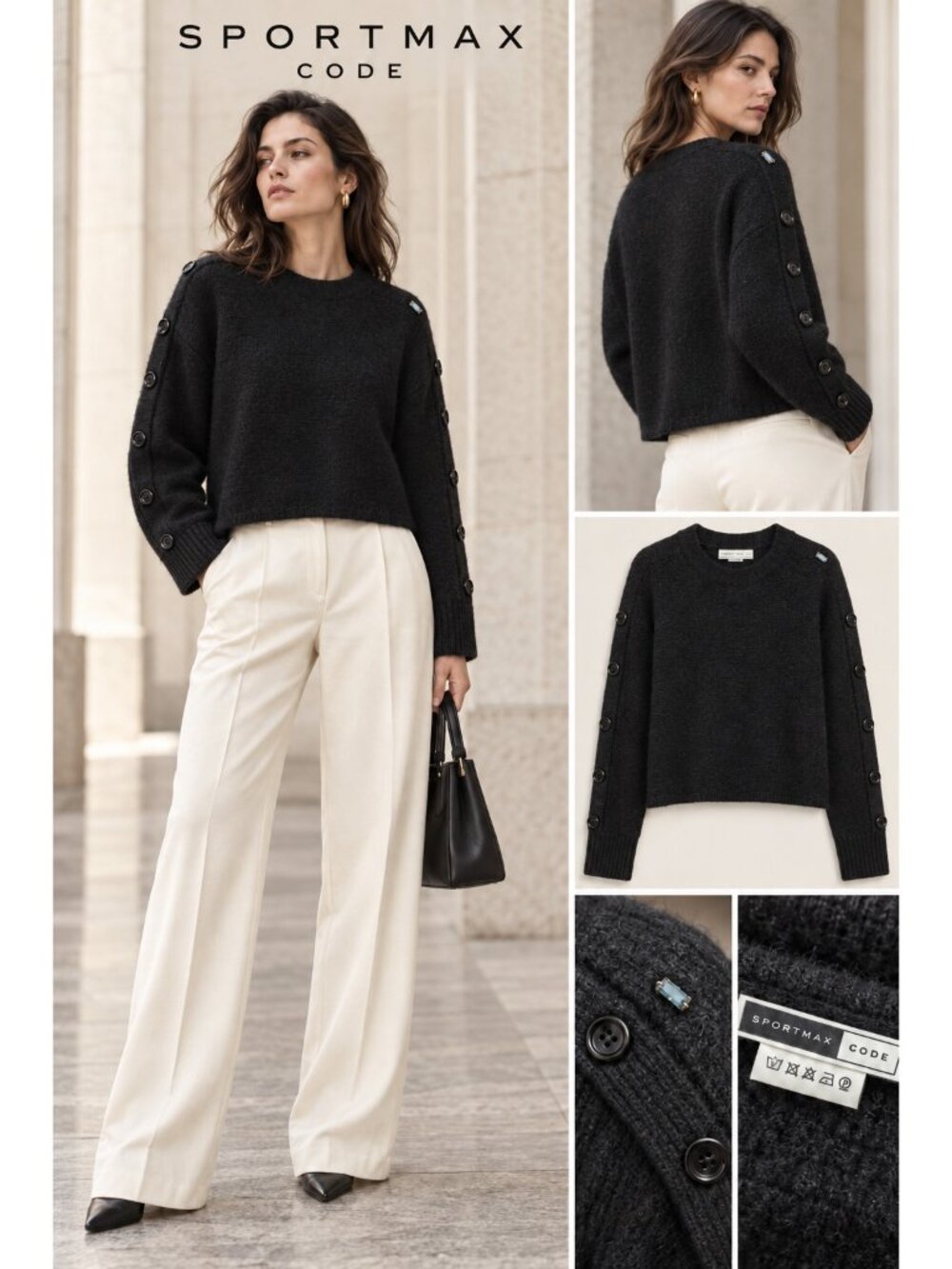 Sportmax Code Black Wool Blend Knit Sweater Button Sleeves M/ L
